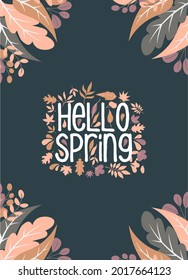Hola Primavera esbozado a mano logotipo, icono de tipografía de placa. Leer la temporada de primavera con hoja para la tarjeta de saludo, plantilla de invitación. Fondo de la plantilla de afiches de pancartas con letras antiguas retro
