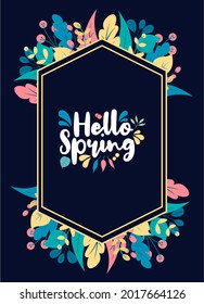 Hello Spring hand sketched logotype, badge typography icon. Lettering spring season with leaf for greeting card, invitation template. Retro, vintage lettering banner poster template background