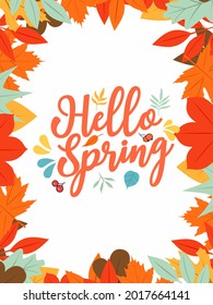 Hello Spring hand sketched logotype, badge typography icon. Lettering spring season with leaf for greeting card, invitation template. Retro, vintage lettering banner poster template background