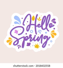 Hello Spring hand sketched logotype, badge typography icon. Lettering spring season with leaf for greeting card, invitation template. Retro, vintage lettering banner poster template background
