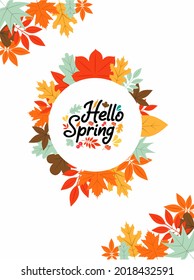 Hello Spring hand sketched logotype, badge typography icon. Lettering spring season with leaf for greeting card, invitation template. Retro, vintage lettering banner poster template background