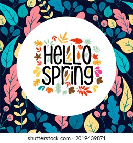 Hello Spring hand sketched logotype, badge typography icon. Lettering spring season with leaf for greeting card, invitation template. Retro, vintage lettering banner poster template background