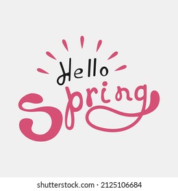 Hello Spring hand sketched logotype, badge typography icon. Lettering spring season with leaf for greeting card, invitation template. Retro, vintage lettering banner poster template background