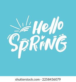Hello Spring hand sketched logotype, badge typography icon. Lettering spring season with leaf for greeting card, invitation template. Retro, vintage lettering banner poster template background,