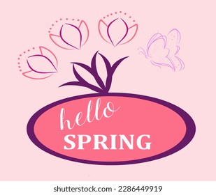 Hello Spring hand sketched logotype, badge typography icon. Lettering spring season with tulips for greeting card, invitation template. Retro, vintage lettering banner poster template background