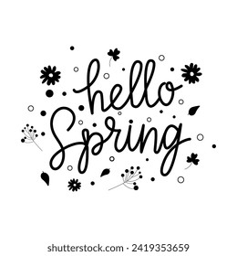 Hola Blootipo de primavera dibujado a mano, icono de tipografía en blanco y negro. Leer la temporada de primavera con hojas y flores para la tarjeta de saludo, plantilla de invitación. Plantilla de letras retro vintage.