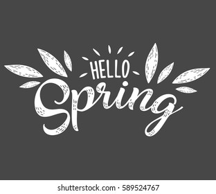 Hello Spring hand sketched logotype, badge typography icon. Lettering spring season with leaf for greeting card, invitation template. Retro, vintage lettering banner poster template background