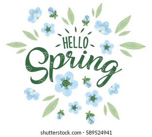 Hello Spring hand sketched logotype, badge typography icon. Lettering spring season with flowers for greeting card, invitation template. Retro, vintage lettering banner poster template background