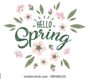 Hello Spring hand sketched logotype, badge typography icon. Lettering spring season with flowers for greeting card, invitation template. Retro, vintage lettering banner poster template background