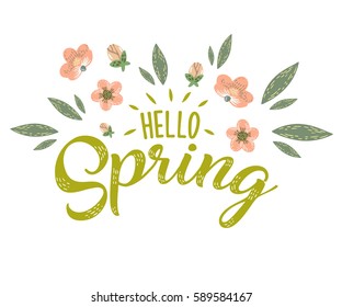 Hello Spring hand sketched logotype, badge typography icon. Lettering spring season with flowers for greeting card, invitation template. Retro, vintage lettering banner poster template background