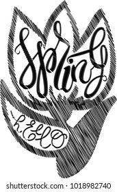 Hello Spring. Hand sketched Spring text as logotype, badge and icon. Warm season postcard, t-shirt, card, invitation, banner template. Lettering typography. Season's greetings calligraphy. Vector