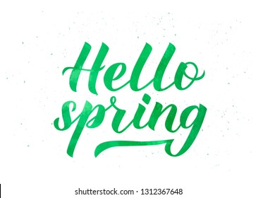 Hello spring hand written with brush. Watercolor painting effect. . Inspirational seasonal quote typography poster. Hand written logo design. Easy to edit vector template for banner, flyer, badge.
