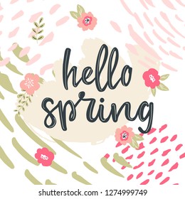 Hello Spring hand written lettering words.Hand drawn typography banner and spring season illustration with flowers and branches for greeting cards, tags, invitations, ad banners.