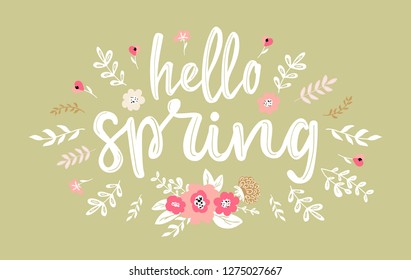 Hello Spring hand written lettering words.Hand drawn typography banner and spring season illustration with flowers and branches for greeting cards, tags, invitations, ad banners.