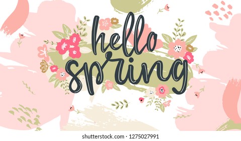 Hello Spring hand written lettering words.Hand drawn typography banner and spring season illustration with flowers and branches for greeting cards, tags, invitations, ad banners.