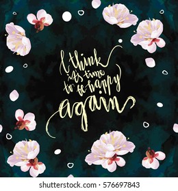 "Hello spring" hand written lettering. Blossom mood illustration. Card vector template. Textured plum tree flowers and petals on velvet textured background.