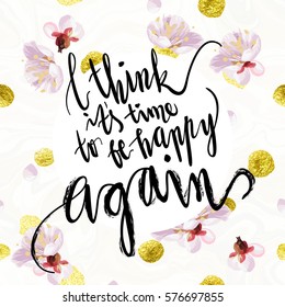 "Hello spring" hand written lettering. Blossom mood illustration. Card vector template. Textured plum tree flowers and petals on velvet textured background.