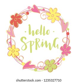 Hello Spring. Hand written trendy lettering typography in wreath of flowers and hearts. Modern calligraphy. Vector illustration as poster, postcard, greeting card, invitation template, logo, badge.
