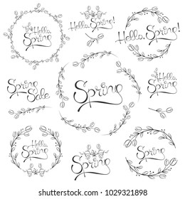 Hello Spring Hand Written Vector Lettering Design, Cute Illustration with Typography. Useful layout for greeting card, calendar, print and web design, poster, sale banner, mail, ads, wrapping