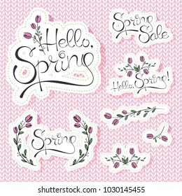 Hello Spring Hand Written Vector Lettering Illustration with knitted seamless pattern. Knitting texture with typography. Cute calligraphy background for wallpaper, website, textile, greeting card