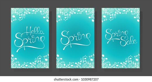 Hello Spring Hand Written Vector Lettering Design, Cute Flourish Illustration with Typography. Useful layout for greeting card, calendar, print and web design, poster, sale banner, mail, ads, shop