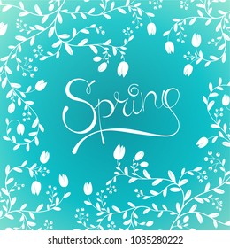 Hello Spring Hand Written Vector Lettering Design, Cute Flourish Illustration with Typography. Useful layout for greeting card, calendar, print and web design, poster, sale banner, mail, ads, shop