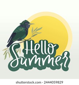 Hola, letra de primavera dibujada a mano. Caricatura de estornino pájaro en la rama con el sol. Diseño de Naturaleza.
