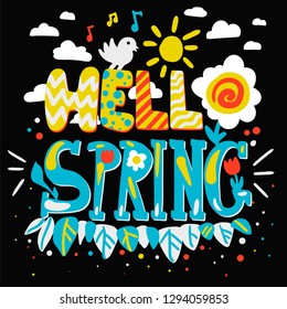 Hello spring handdrawn lettering. Flat design quote. Greeting card, poster scandinavian illustration
