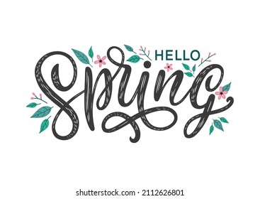 Hola Primavera dibujado a mano con flores y hojas. Tipografía de bienvenida de temporada como etiqueta, logo, tarjeta de saludo, invitación, banner de promoción