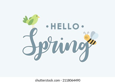 Hola diseño de escritura a mano primavera. Tarjeta con pájaro verde y abeja. Plantilla vectorial sobre fondo gris.