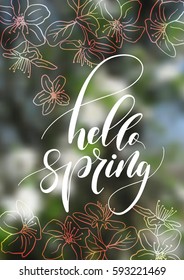 Hello Spring handwriting lettering design isolated on blurry cherry blossom background. Vector illustration.