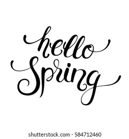 Hello Spring handwritten calligraphy lettering  isolated on white background. Vector illustration.