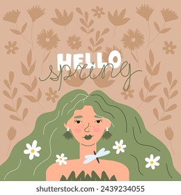 Hello spring handwritten lettering art. Floral greeting card template. Seasonal banner with female character and flowers. Beautiful girl personage concept. Nature hand drawn flat vector illustration