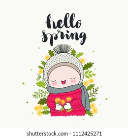 Hello spring - handwritten lettering, a smiling cute child with dandelions flowers, and green leaves. Isolated vector cartoon illustration.