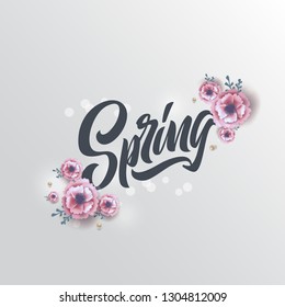 Hello Spring handwritten lettering. Hello Spring  typography vector design for greeting cards and poster. Design template celebration. Vector illustration.