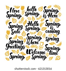 Hello Spring Handwritten Lettering. Vector Illustration of Nature Calligraphy over White.