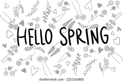 Hello Spring. handwritten letters, flowers and hearts illustration set. (monochrome)