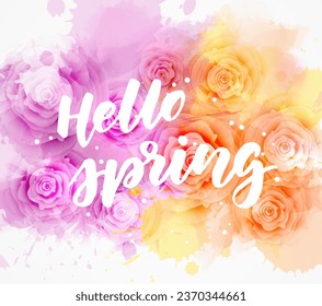 Hello spring - handwritten modern calligraphy inspirational text on multicolored watercolor floral background with abstract dots decoration.