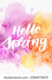 Hello spring - handwritten modern calligraphy inspirational text on multicolored watercolor floral background with abstract dots decoration.