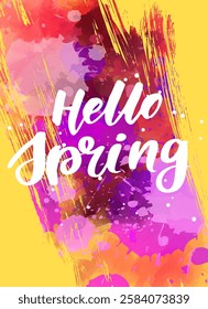 Hello spring - handwritten modern calligraphy inspirational text on multicolored watercolor paint splash.