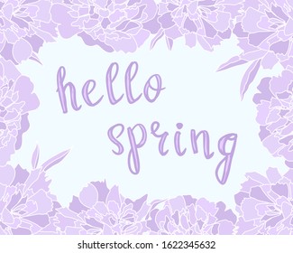 hello spring handwritten text with abstract  lush lavender colored flowers frame on light background, editable vector illustration for spring or summer decorations, print, banner, poster