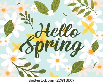 hello spring handwritten text and flowers