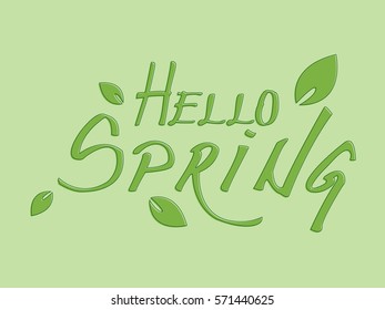 Hello spring handwritten text with  leaves decoration