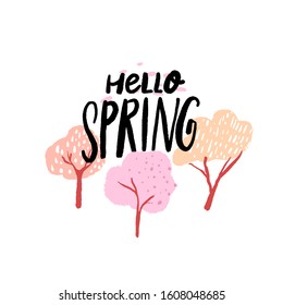 Hello spring - handwritten text and pink blooming trees isolated on white background. Vector flat illustration.