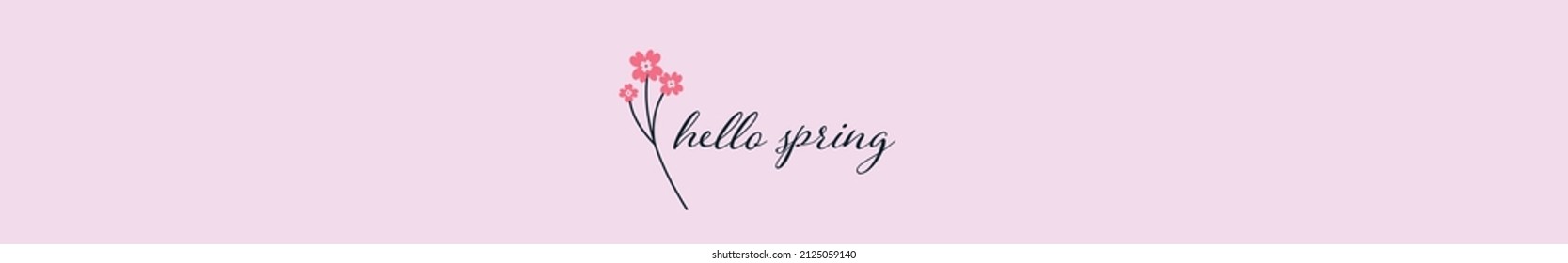 Hola Texto escrito a mano de primavera con flor rosa. Concepto de primavera sobre fondo rosa claro. Diseño plano y minimalista. Ilustración vectorial.