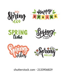 Hello Spring handwritten text. Trendy script lettering design. Modern brush calligraphy isolated on white background. Vector illustration. Springtime holiday seasonal quotes and wishes icons.