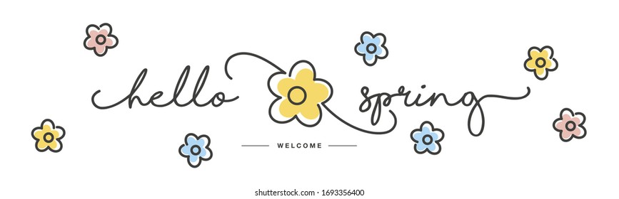 Hello Spring handwritten typography lettering text line design colorful flowers draw white isolated background banner