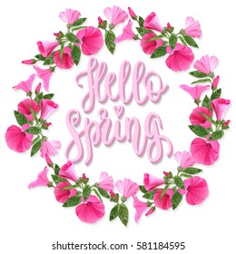 Hello Spring. Handwritten vintage lettering quote. Vector illustration on wooden background with decorative pink flowers for greeting card, poster or leaflet.