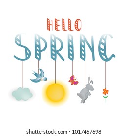 Hello Spring handwritting phrase with ropes and spring symbols on it