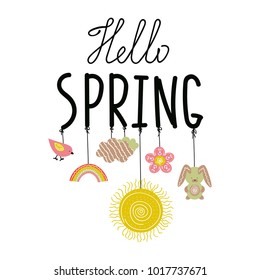 Hello Spring handwritting phrase with ropes and doodle spring symbols on it. Concept flat vector illustration
